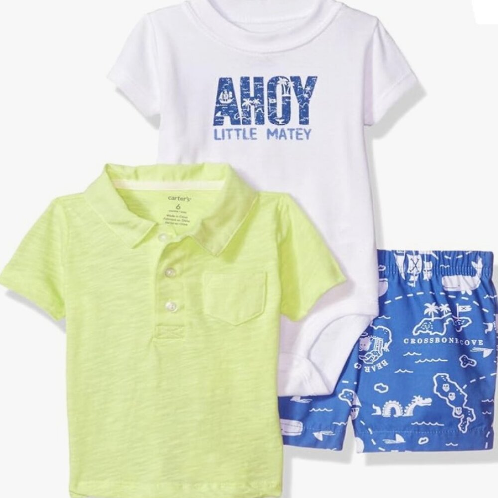 Boys Ahoy Matey Short Set Outfit 3 pc Set Bodysuit Shirt Collar Polo Style Shirt